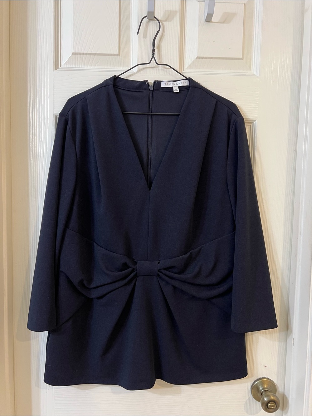 Preston & York Deep Navy V-Neck Long Sleeve Dress with Waist Bow